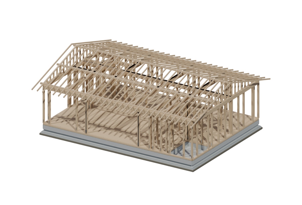 3Dで組み上げた木造平屋の骨組み。屋根の垂木と壁の間柱が見える